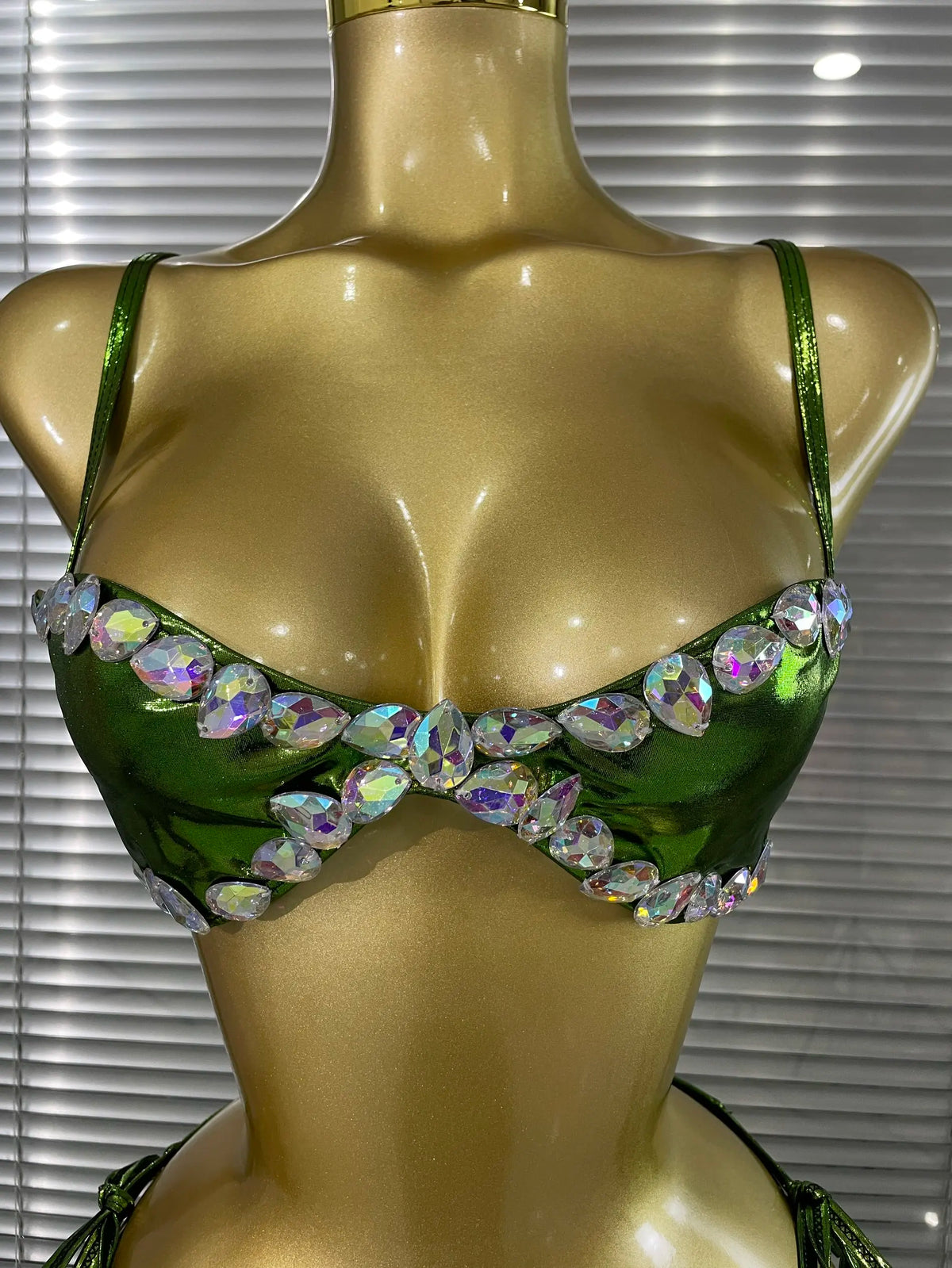 Green Color Women Sexy Shining Rhinestones 2 Pieces Costume Set Showgirl Stage Performance Swimwear