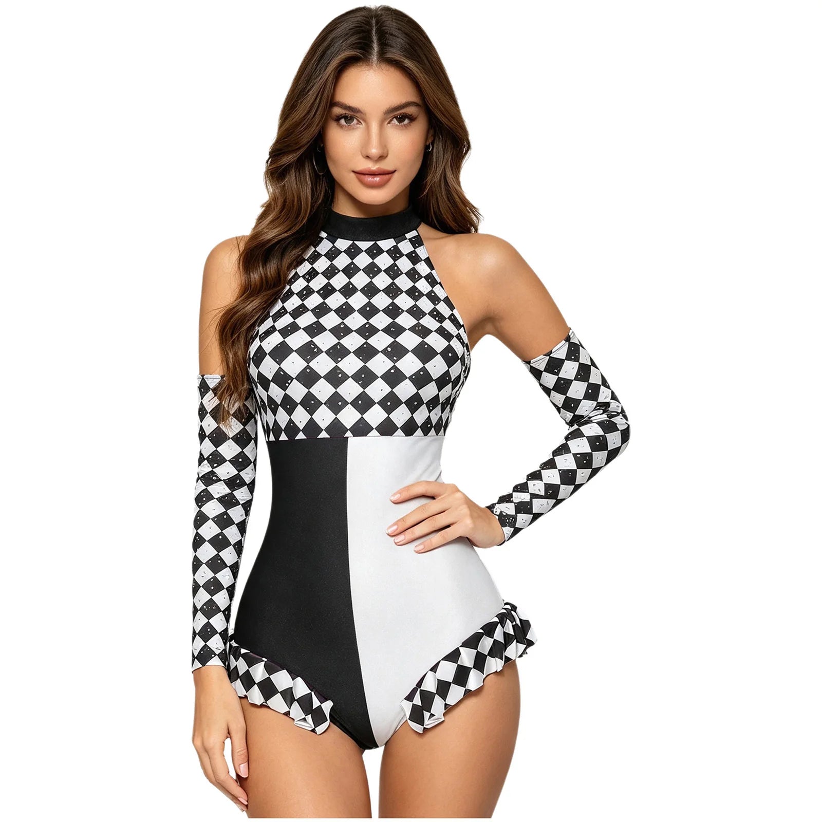 Circus Harlequin Clown Plaid Halter Bodysuit & Arm Sleeves 2-Piece Cosplay Costume Set
