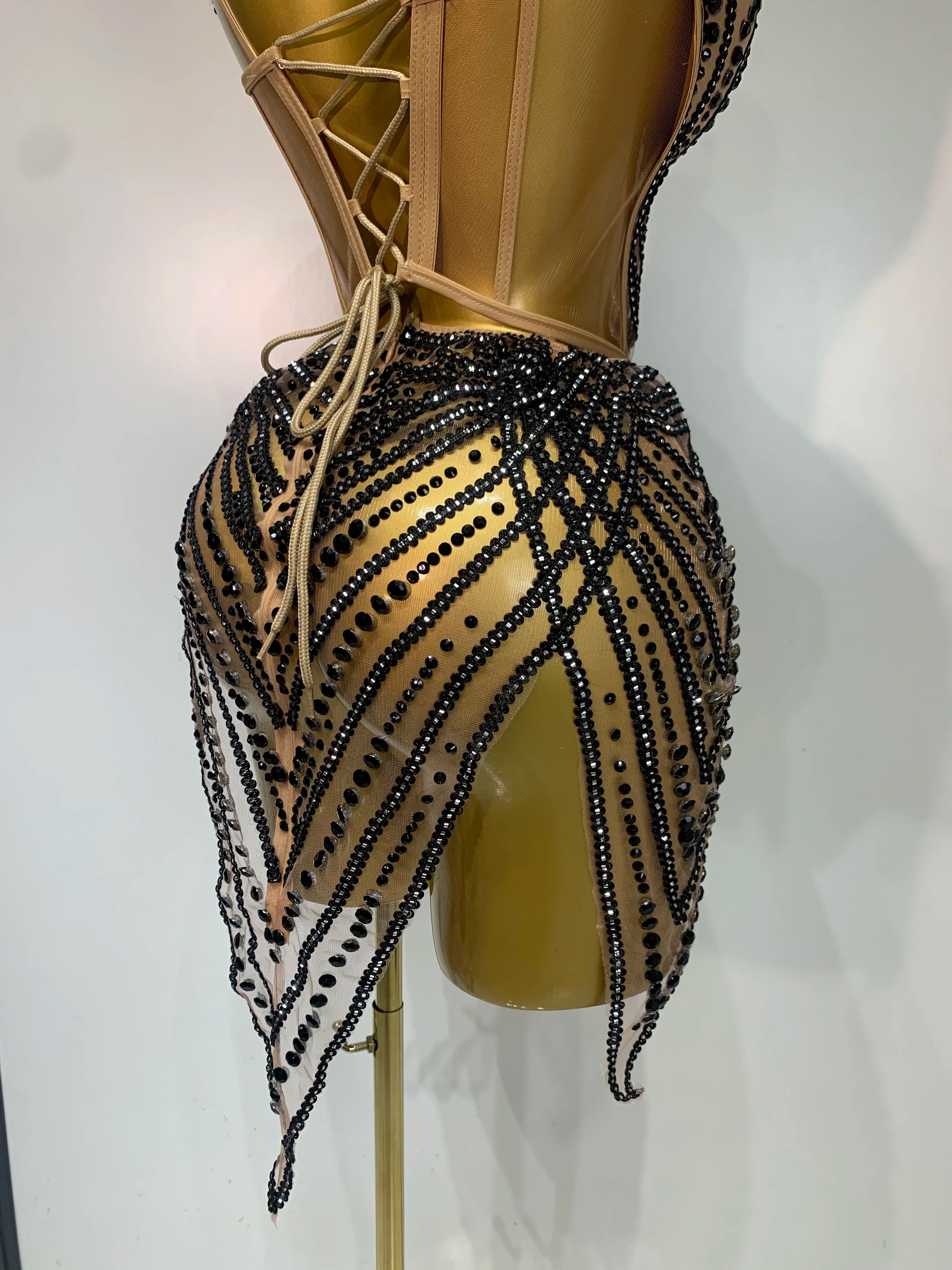 Sparkly Rhinestone Mesh Strapless Mini Dress Evening Stage Performance Outfit