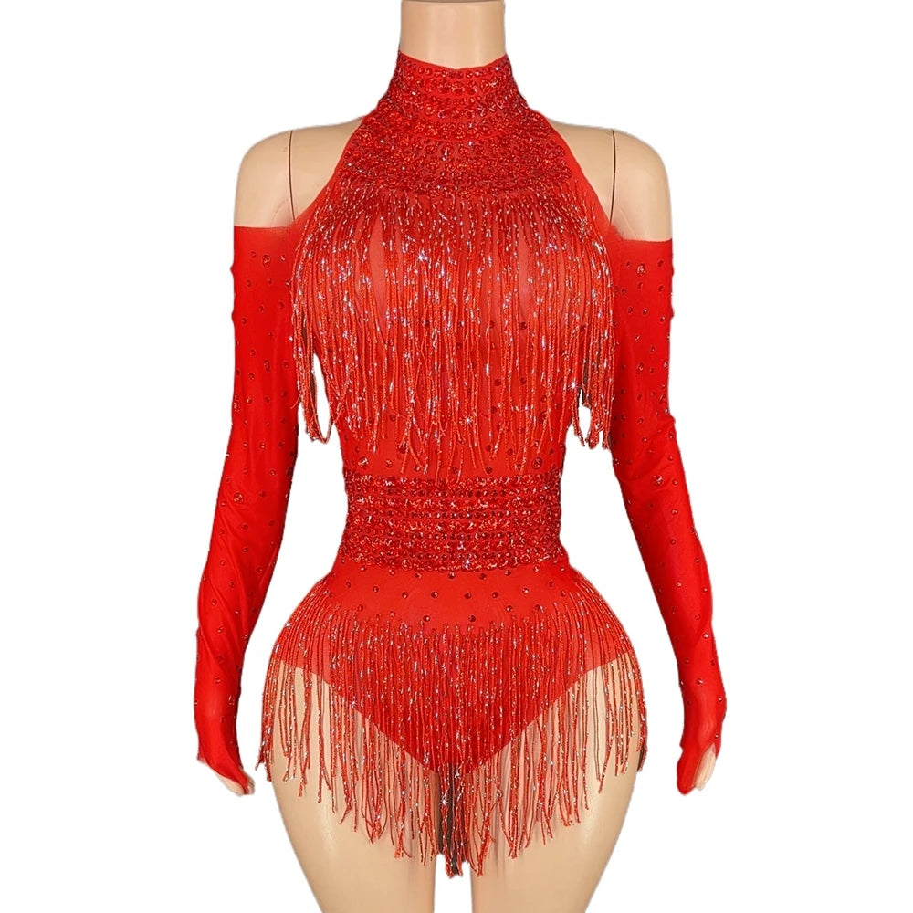 Sparkly Red Rhinestone & Fringe Long-Sleeve Mesh Bodysuit Dance Stage Costume