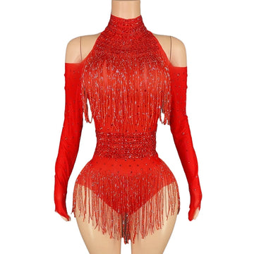 Sparkly Red Rhinestone & Fringe Long-Sleeve Mesh Bodysuit Dance Stage Costume
