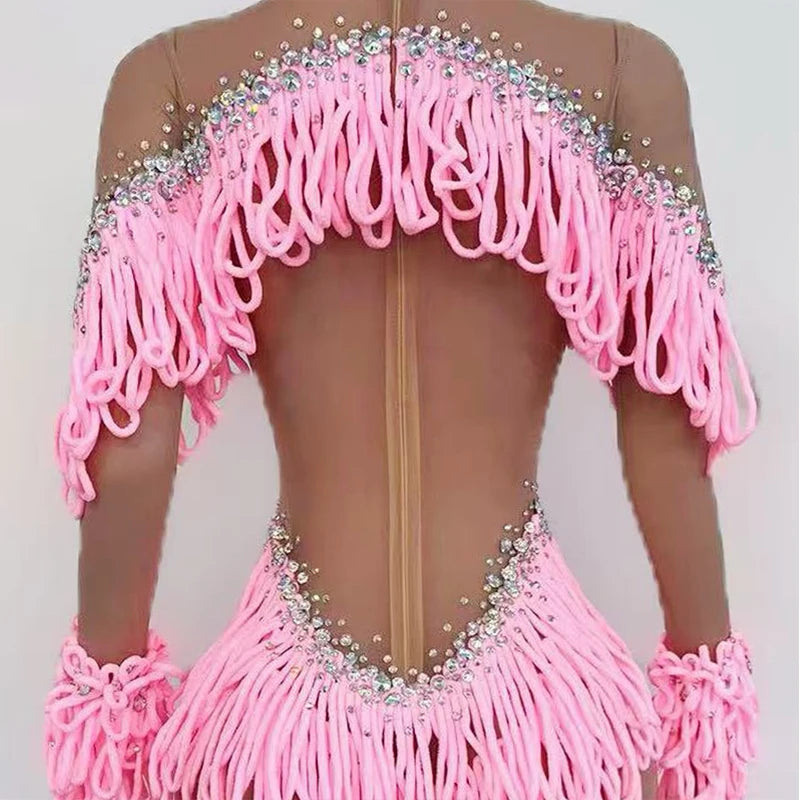 Pink Tassel Long-Sleeve Bodysuit Drag Queen & Gogo Stage Performance Costume