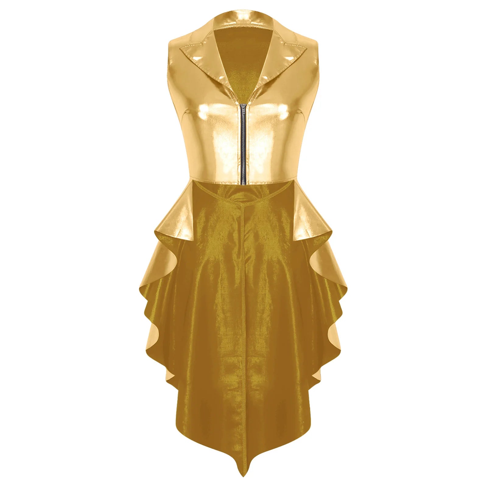 Metallic Wet-Look Sleeveless Tailcoat Jacket with Asymmetrical High-Low Hem