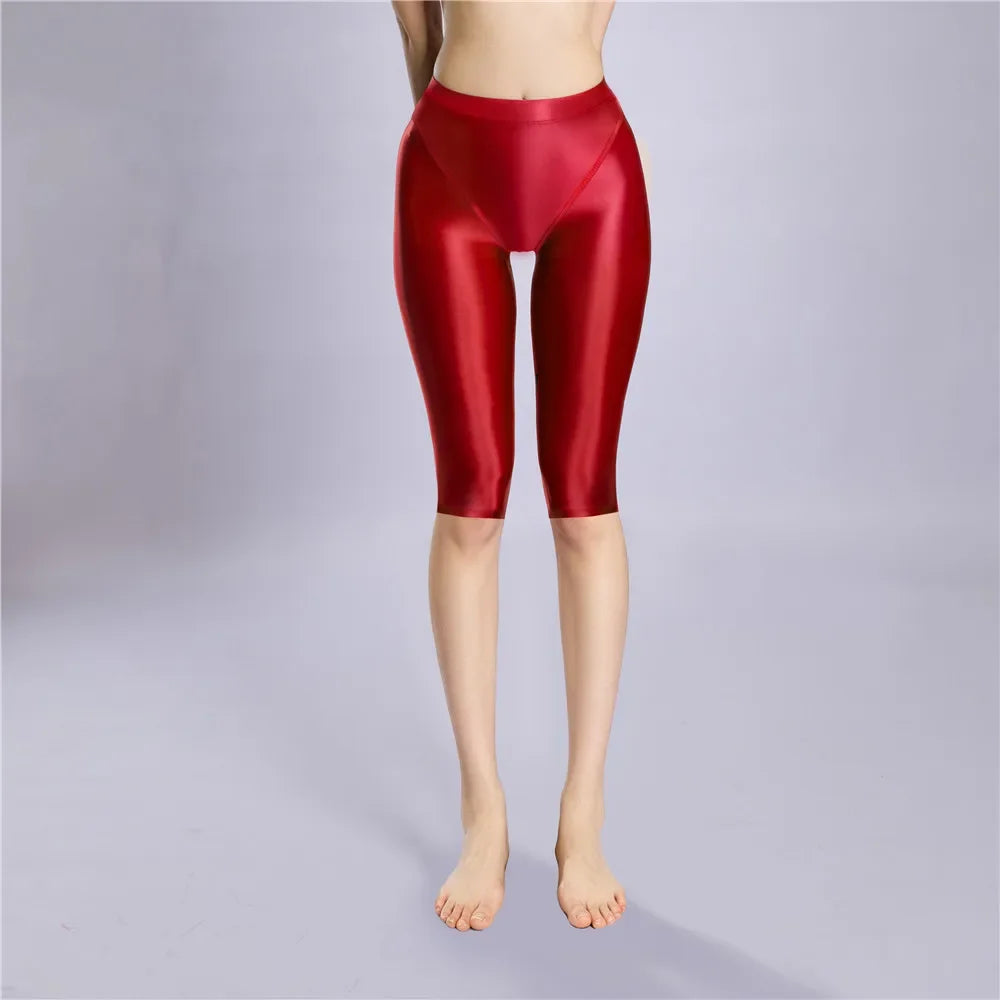 Women Shaping Short Stain Smooth Oil Glossy Shiny Elastic Shorts Sheer See Through Casual Plus Size Tight Yoga Short Maid Pant