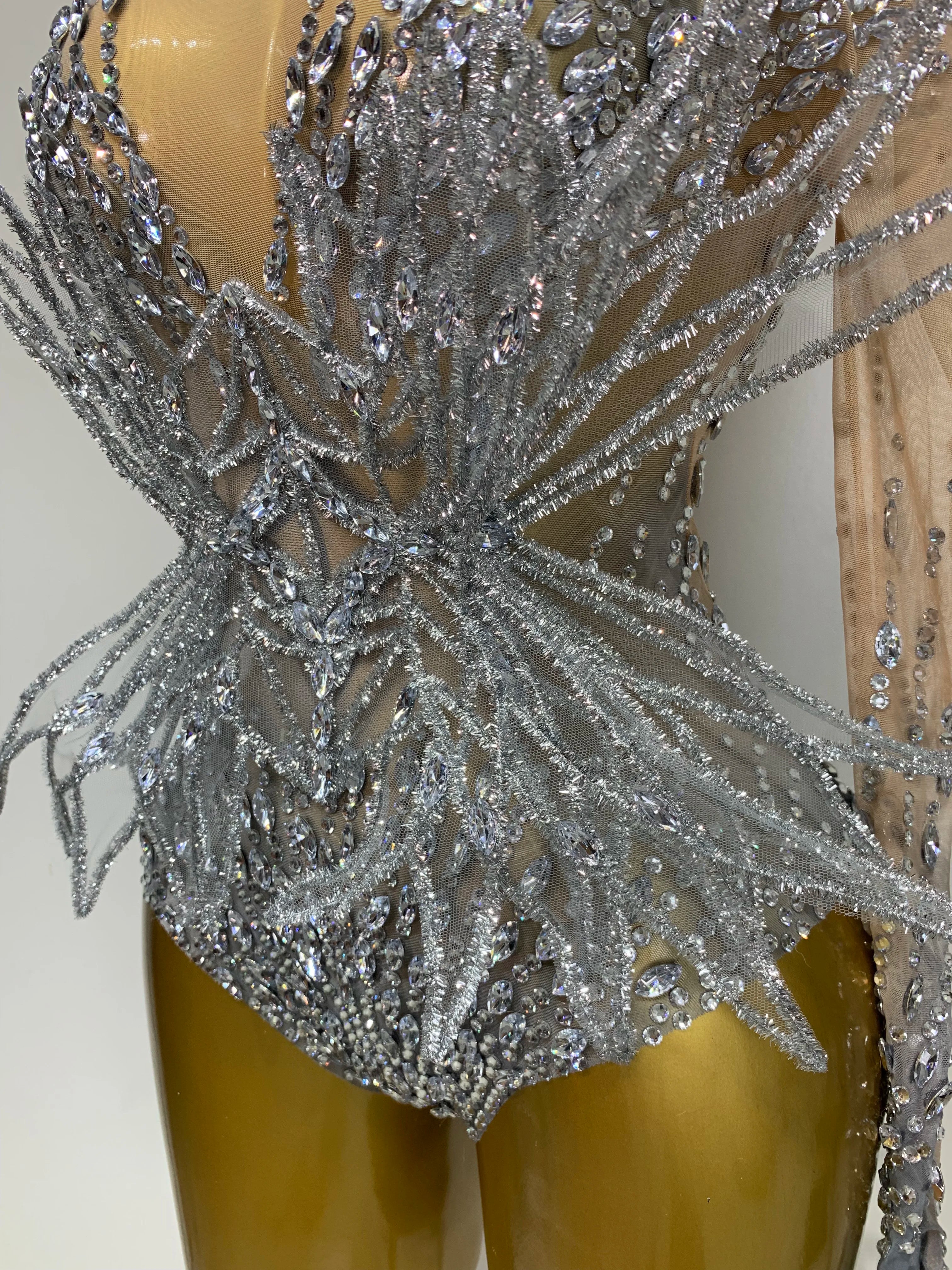 Luxury Shining Diamond See-Through Mesh Bodysuit Stage Performance Jumpsuit