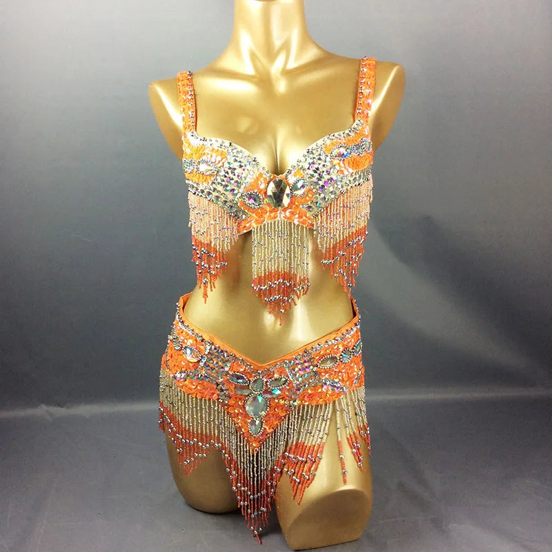 Dazzling Beaded & Sequined Belly Dance Bra & Belt 2-Piece Costume Set