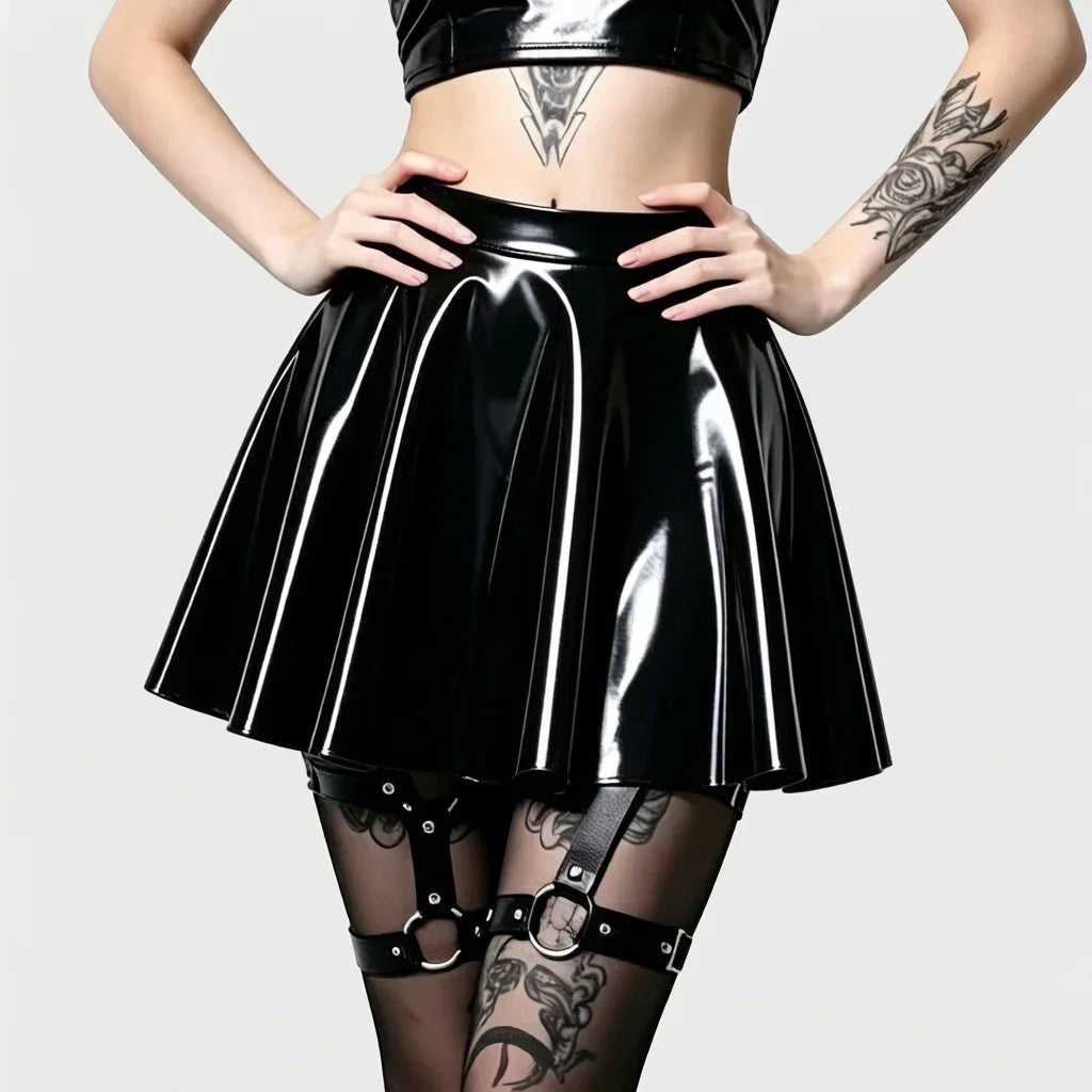 Fashion Women Gothic Style PU Skirt One Pieces Skirts PVC Shiny Flared Pleated  Mini A Line Skirts Street Maid Ruffled Skirt