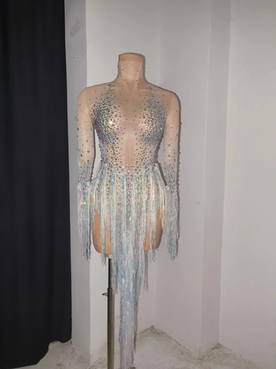 Iridescent Crystal Tassel Long Sleeve Sheer Mesh Stage Bodysuit Costume