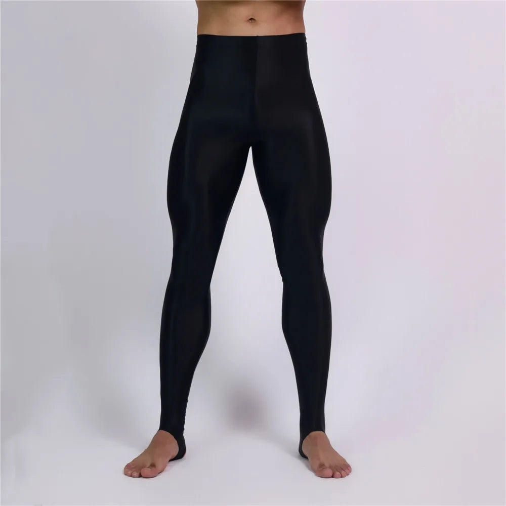 Men's Slim Tights Pencil Pants Stain Smooth  Oil Glossy Shiny Elastic Yoga Leggings Sheer See Through Full Pants Plus Size