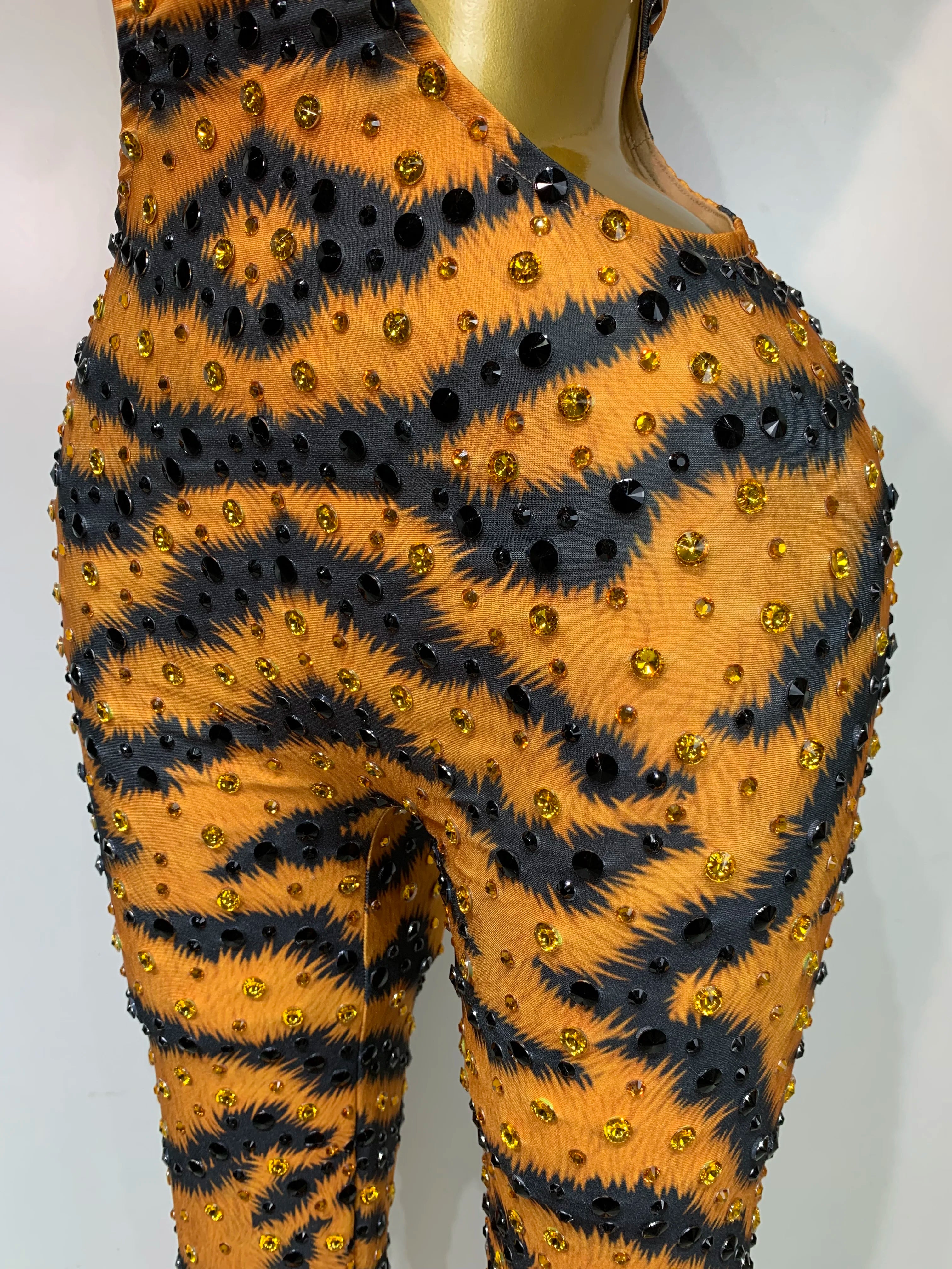Sparkly Rhinestone Tiger Pattern Bodycon Jumpsuit Halter Stage Costume