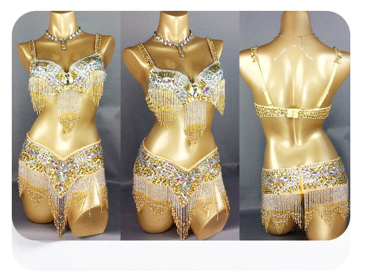 Dazzling Beaded & Sequined Belly Dance Bra & Belt 2-Piece Costume Set