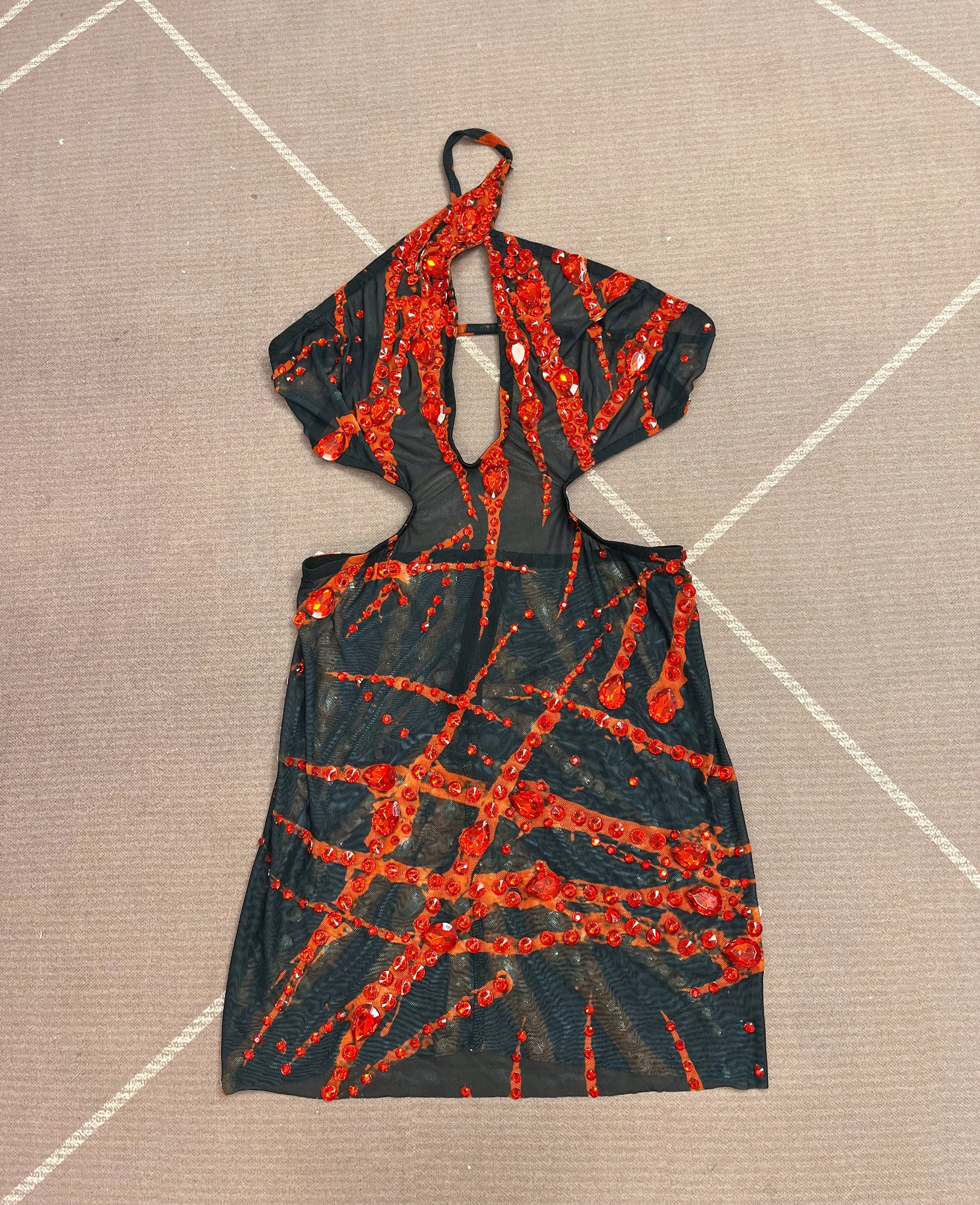 Crimson Flame Rhinestone Mesh Mini Dress Keyhole Cutout Backless Stage Costume
