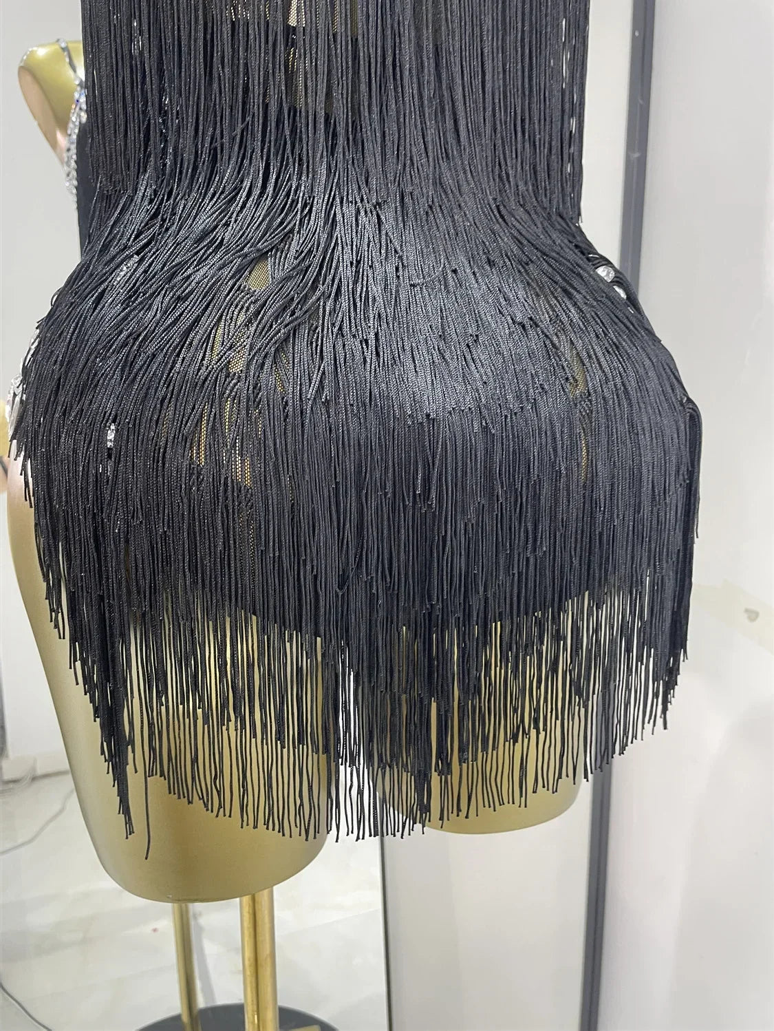 Women Black Bright Rhinestones Tassel Stretchy Mesh Thigh High Leotard Pole Dance Costumes Evening Party Club DJ Gogo Dress