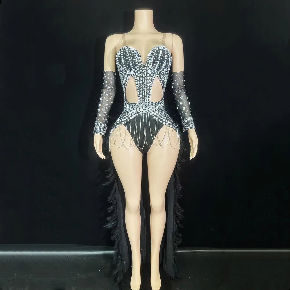 Rhinestone Chain Bodysuit with Detachable Feather Train & Sleeves 3-Piece Stage Costume Set