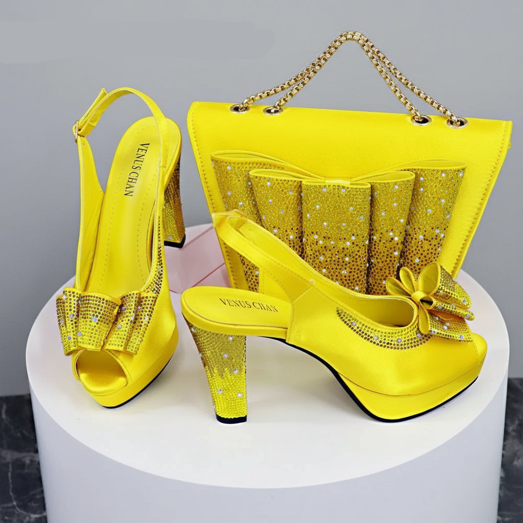 Rhinestone High Heel Peep Toe Slingbacks with Matching Bag Set