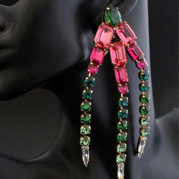 Oversized Colorful Crystal Rhinestone Long Tassel Earrings Drag Queen Stage Jewelry