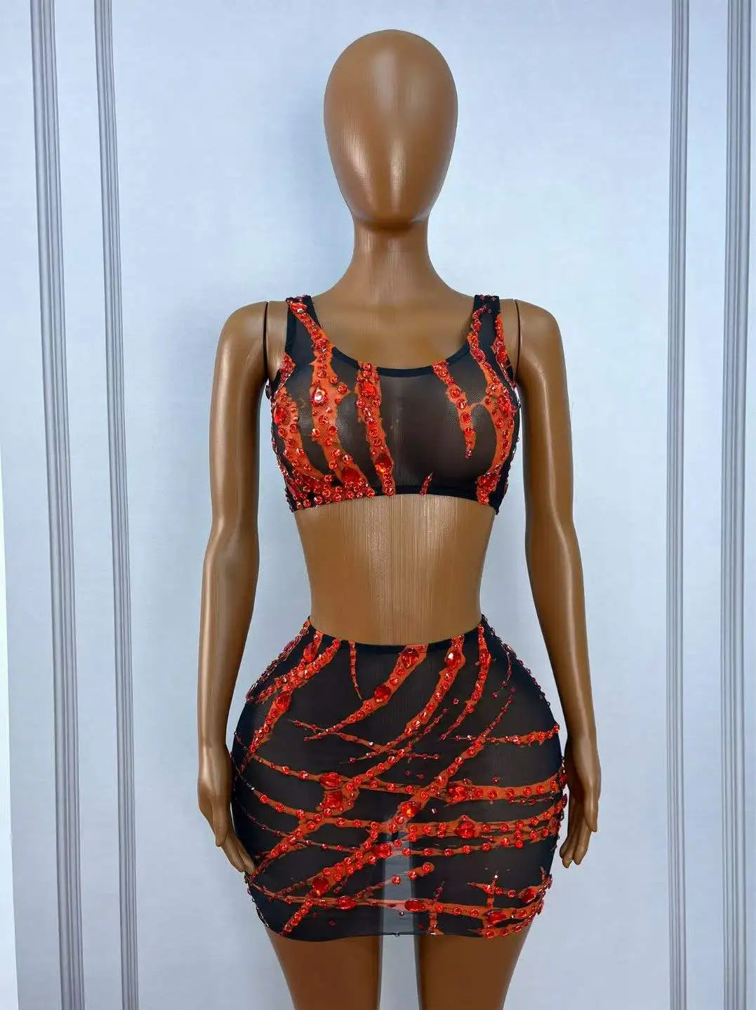 Women's Rhinestone Mesh Dress Set | Shining 2-Piece Stage Costume for Singer, Dancer & Party