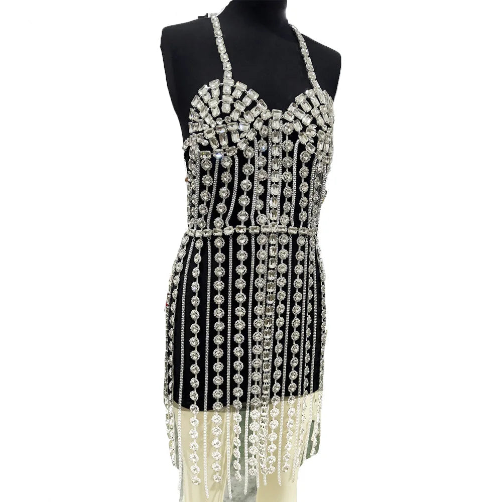 Sparkly Glass Crystal Tassel Body Chain Dress Drag Queen Stage Backless Mini Skirt