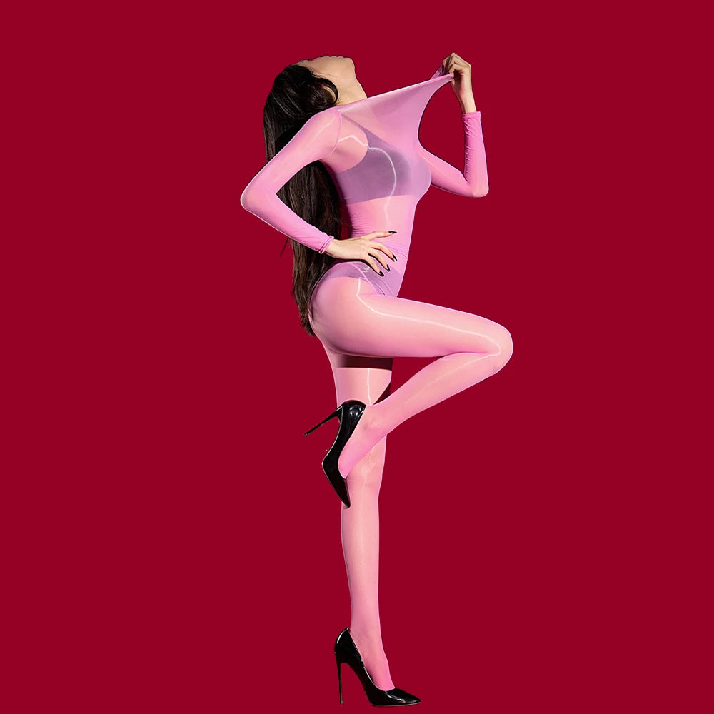 Women 3D 1000 Pin High Density Bodysuit Oil Glossy Shiny Elastic Tights Open Crotch Yoga Shaping Jumpsuit Maid Leotard Leggings