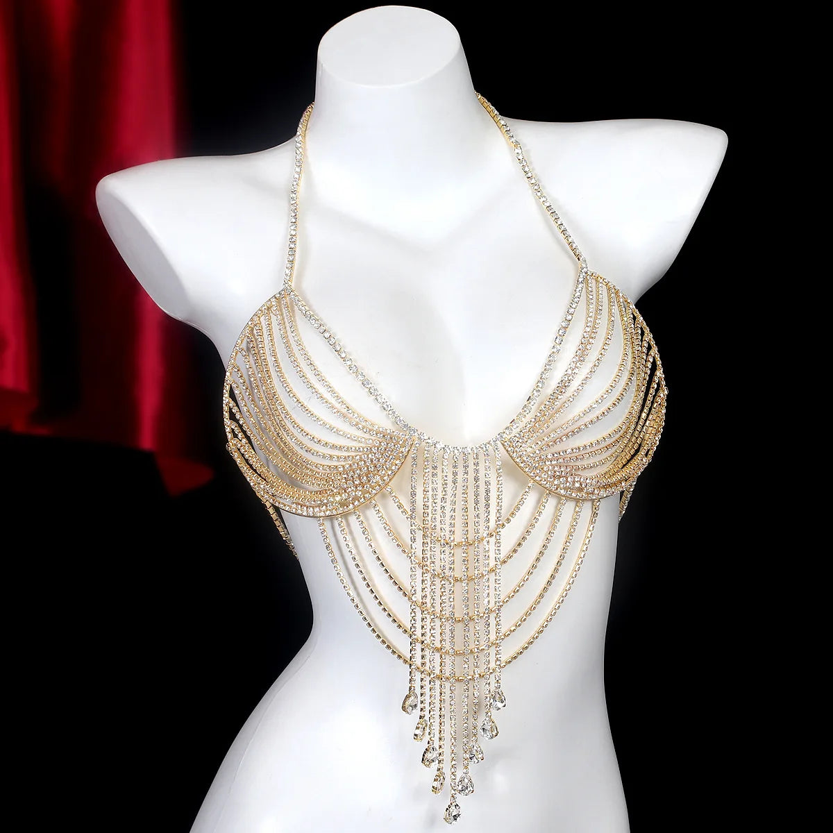 Layered Teardrop Rhinestone Tassel Chest Chain