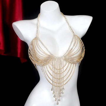 Layered Teardrop Rhinestone Tassel Chest Chain