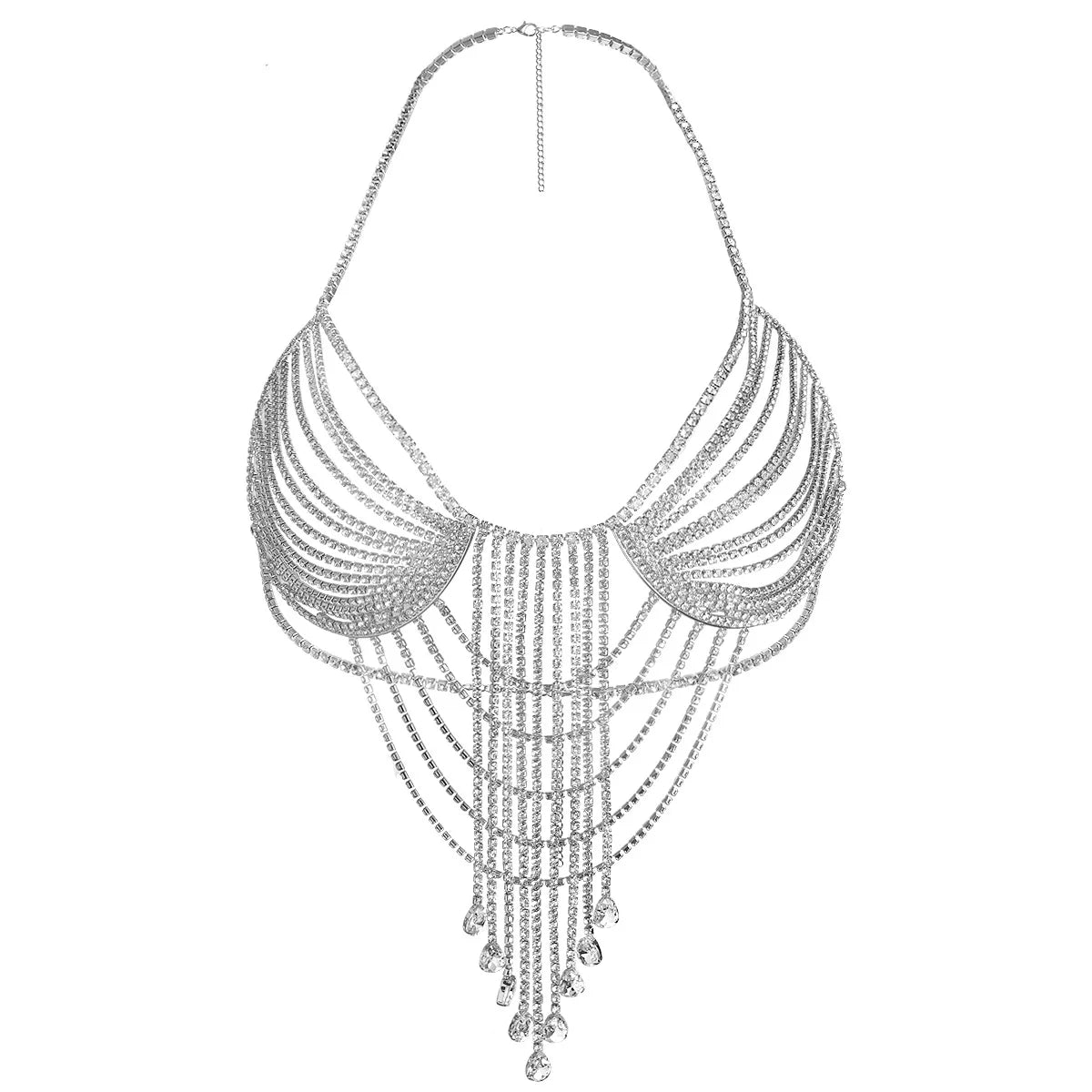 Layered Teardrop Rhinestone Tassel Chest Chain