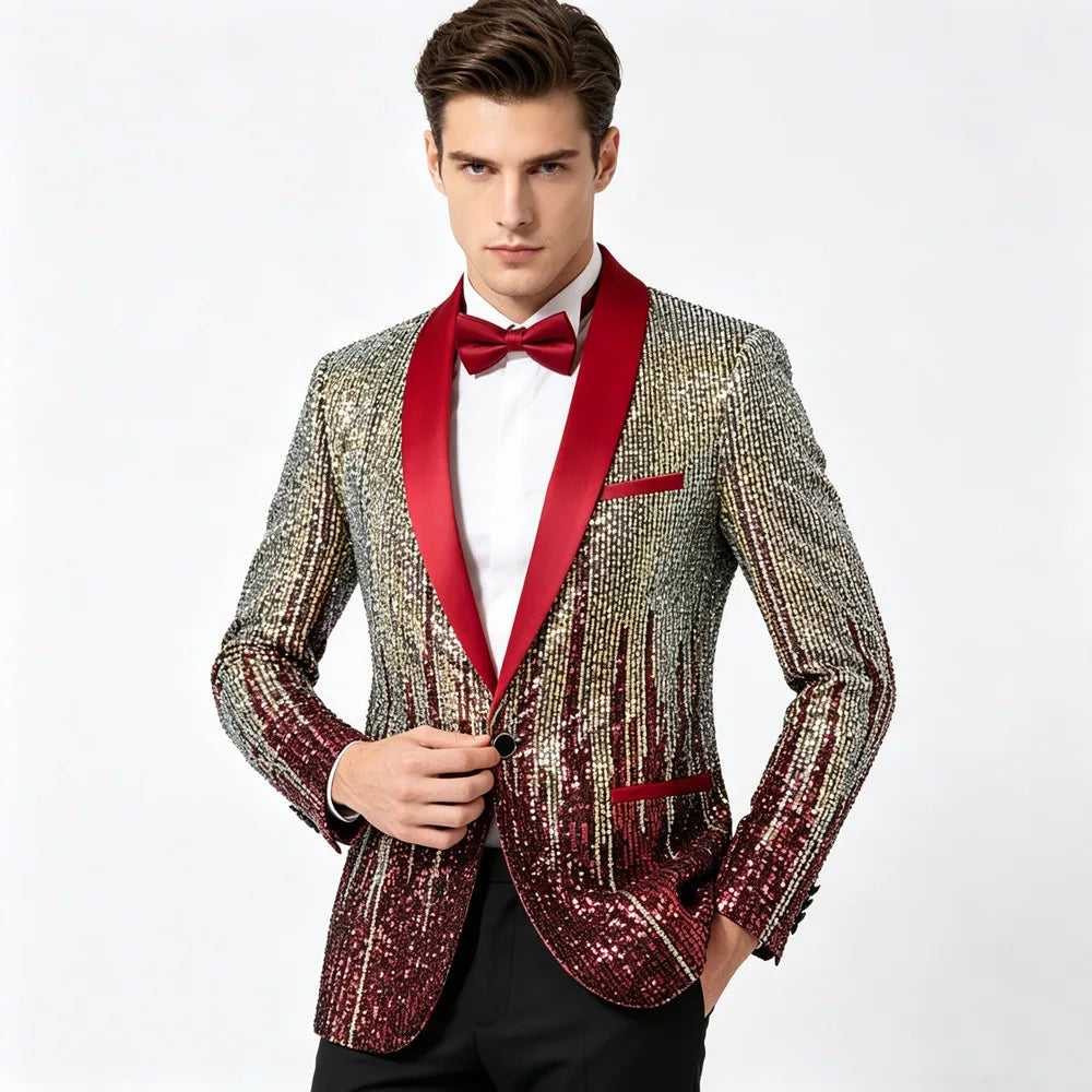 Men's Luxury Gradient Sequin Blazer Shawl Lapel Formal Stage Tuxedo Jacket