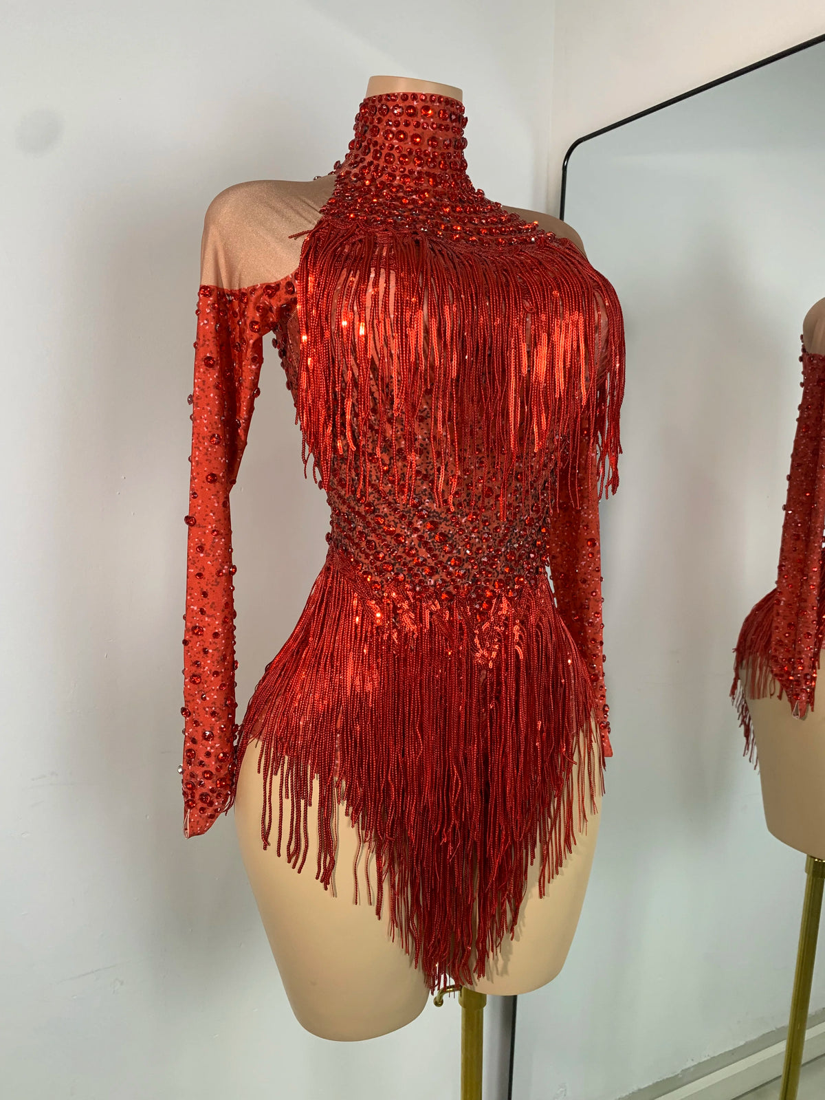 Red Rhinestones Skinny Bodysuit Women Sexy Long Sleeve Tassel Performance Singer Dance Costume Nightclub Celebrate Stage Wear