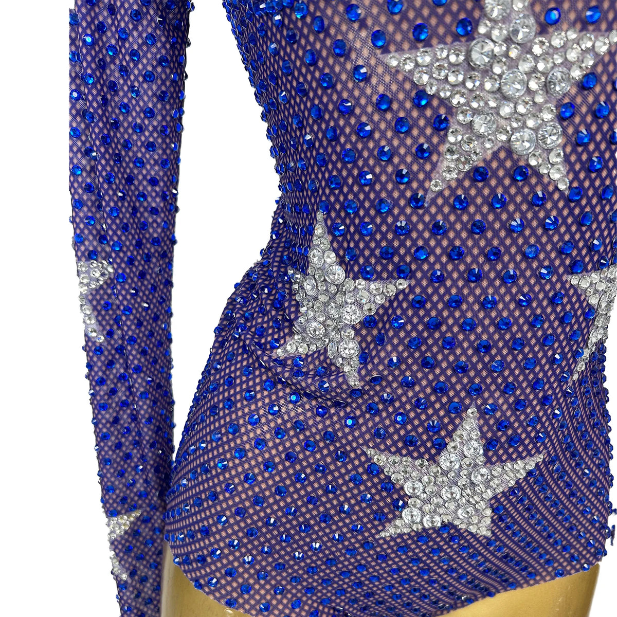 Women Blue Silver Star Pattern Rhinestone Mesh Long Sleeve Bodysuit Stage Performance Costume