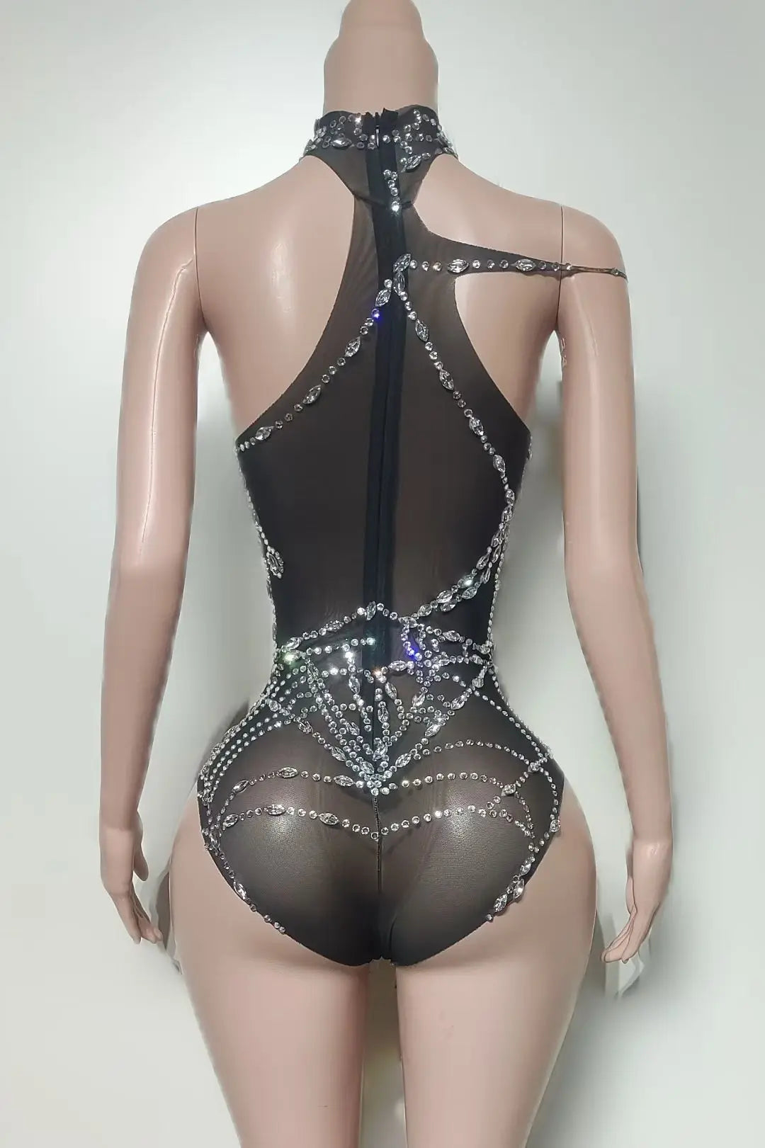Sparkly Silver Rhinestone Spider Web Mesh Stage Performance Costume Set