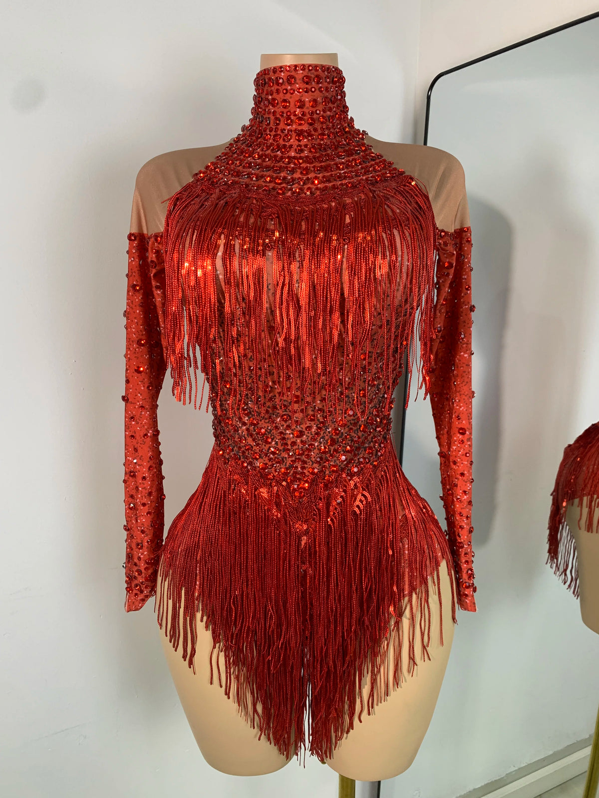 Red Rhinestones Skinny Bodysuit Women Sexy Long Sleeve Tassel Performance Singer Dance Costume Nightclub Celebrate Stage Wear