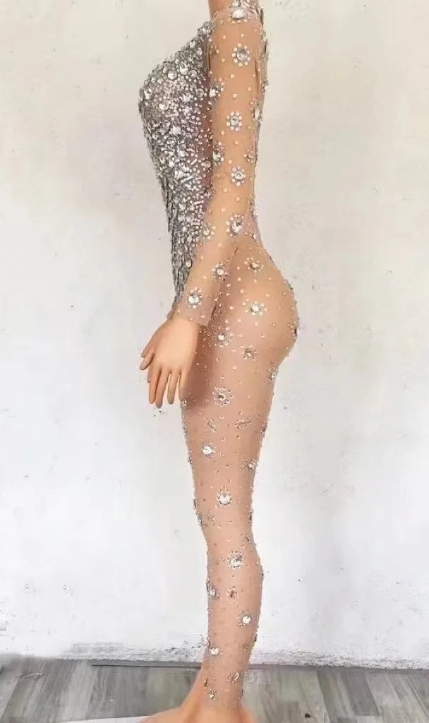Sparkling Full Crystal Illusion Jumpsuit Long Sleeve Rhinestone Catsuit Stage Wear