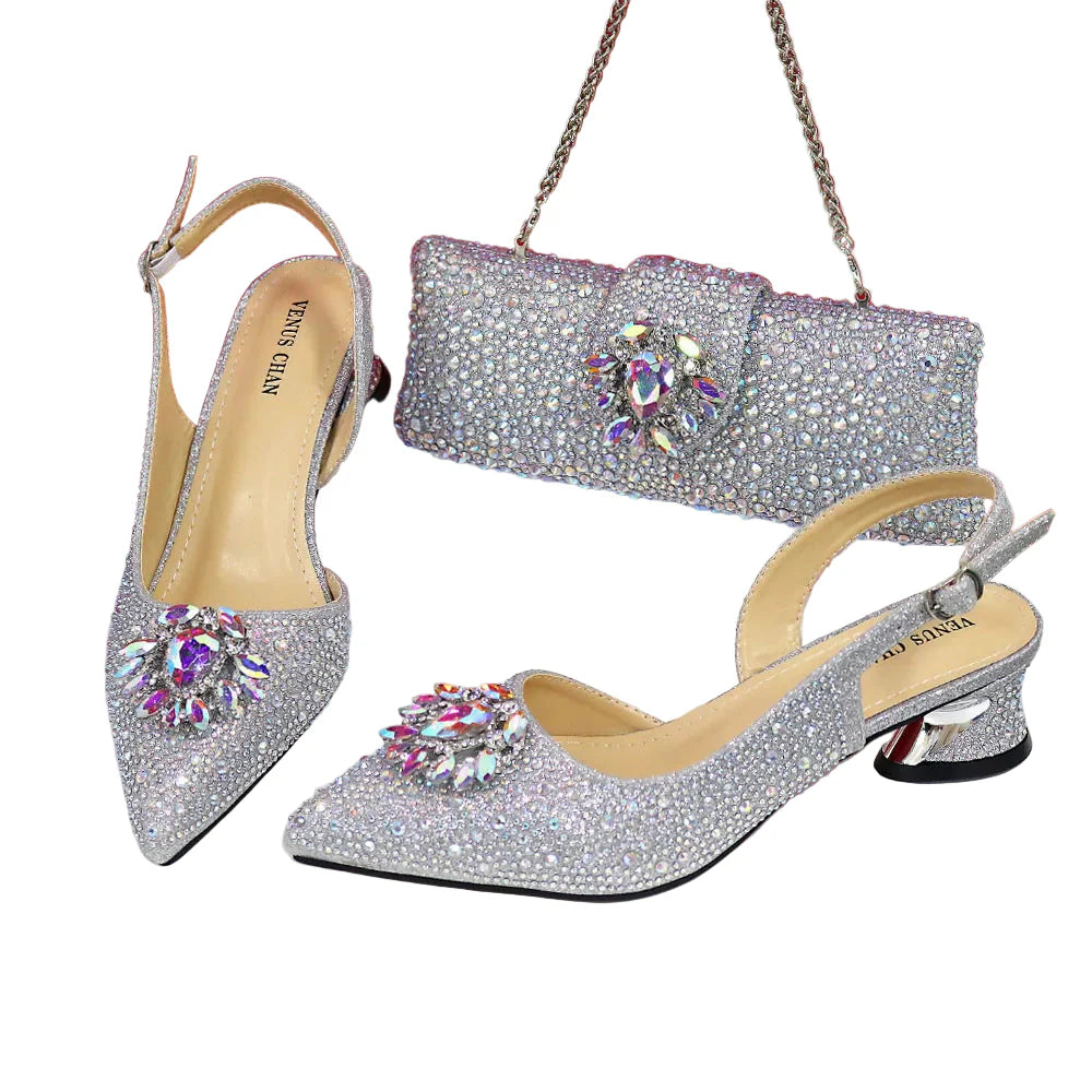 Design Pointed Toe Thin Heels Ladies Shoes Matching Bag Set