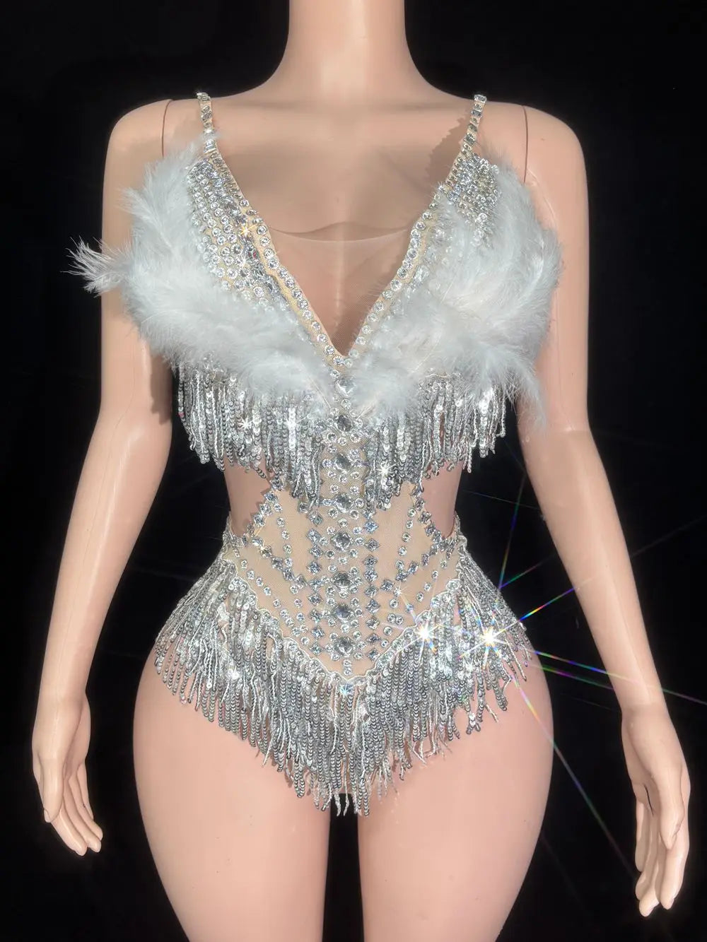 Sparkly Rhinestone Sequin Feather Bodysuit Showgirl Stage Performance Leotard