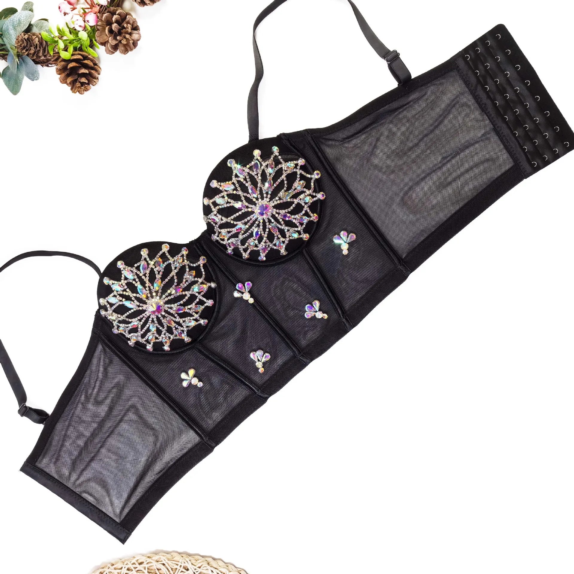 Black Mesh Bustier Corset Crop Top Crystal Embroidered Nightclub Bralette