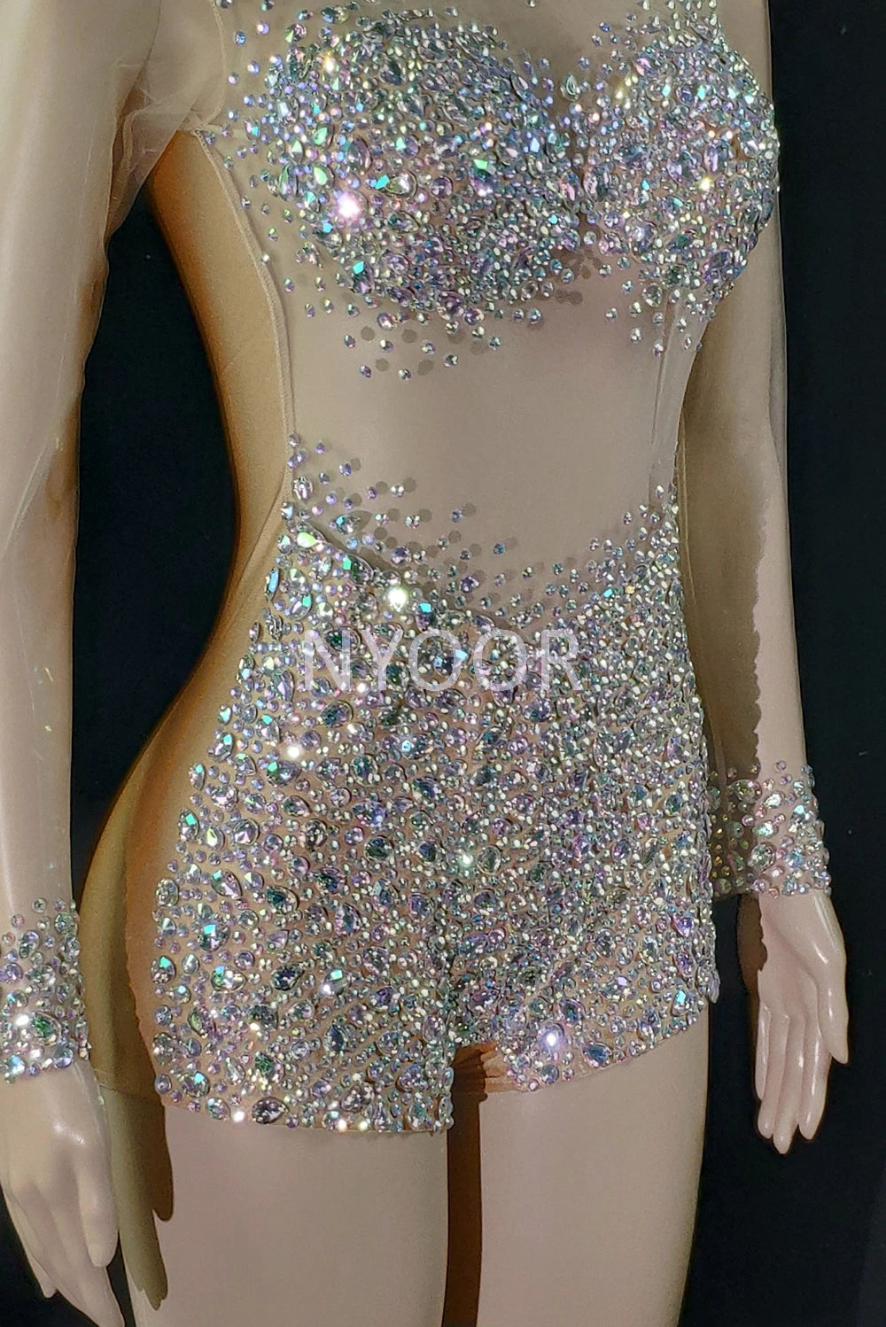 Luxurious AB Crystal Rhinestone Stage Dance Costume Illusion Romper