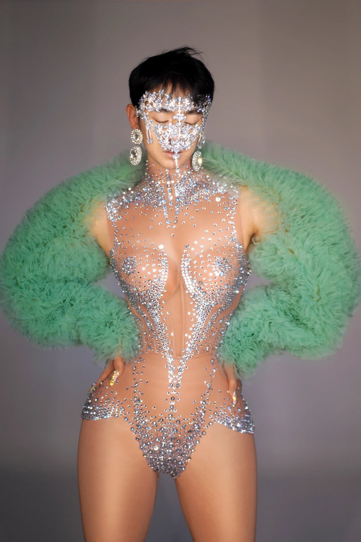 Crystal Mesh See-Through Pole Dance Leotard & Rhinestone Bodysuit Romper