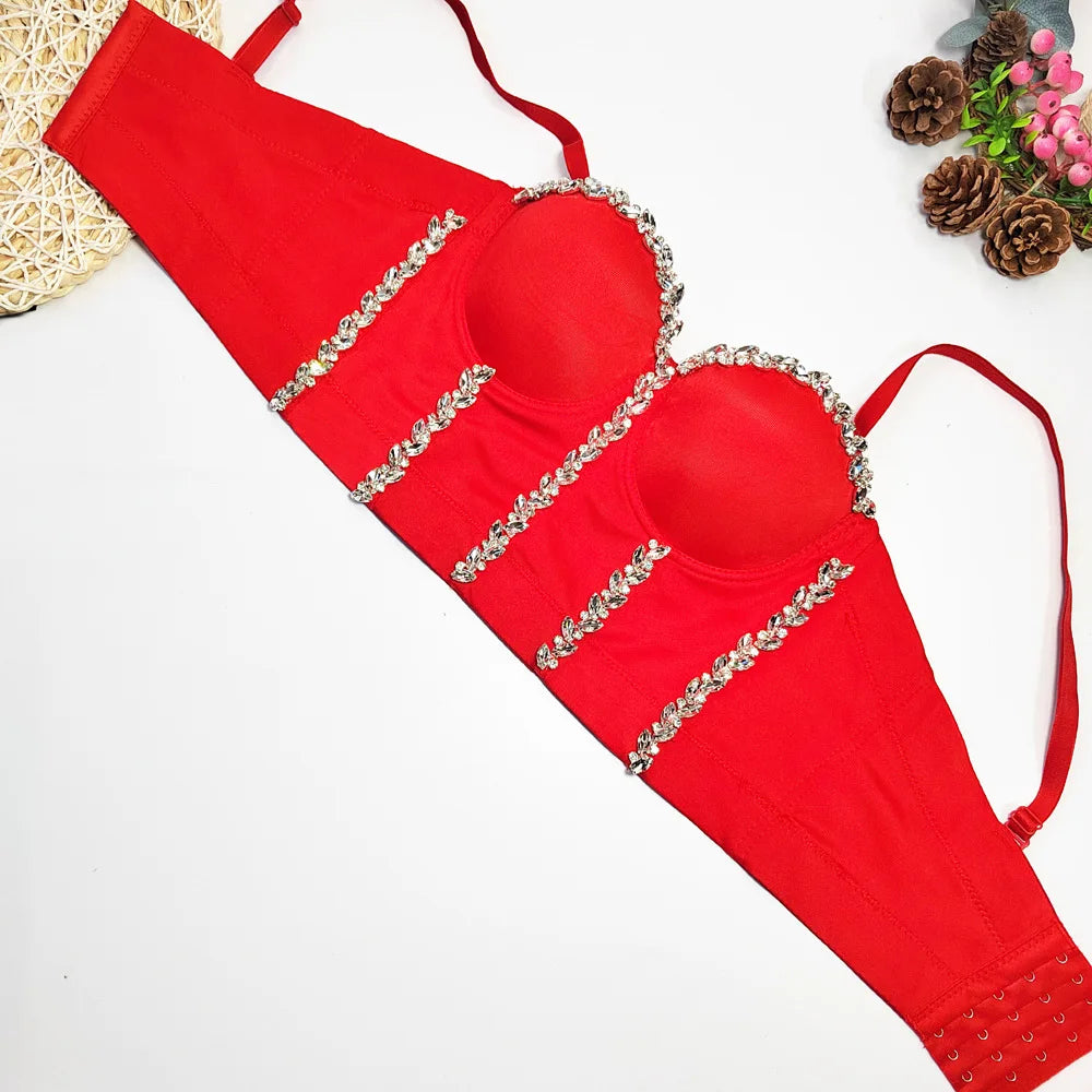 Crystal Chain Strap Bustier Corset Crop Top Hook-and-Eye Stage Bralette