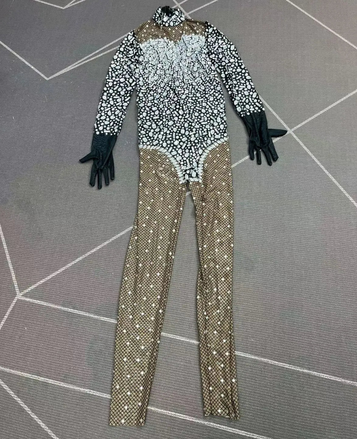 Silver Crystal Black Stocking Jumpsuit Drag Queen Nightclub Performer Catsuit