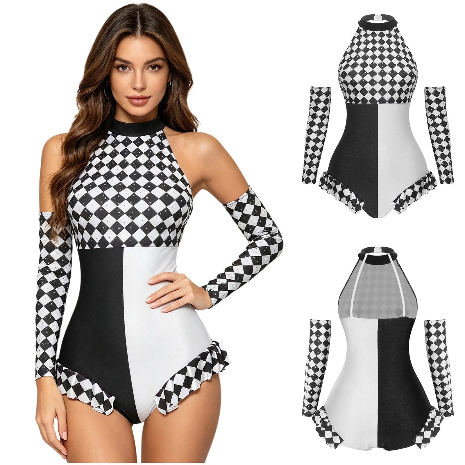 Circus Harlequin Clown Plaid Halter Bodysuit & Arm Sleeves 2-Piece Cosplay Costume Set