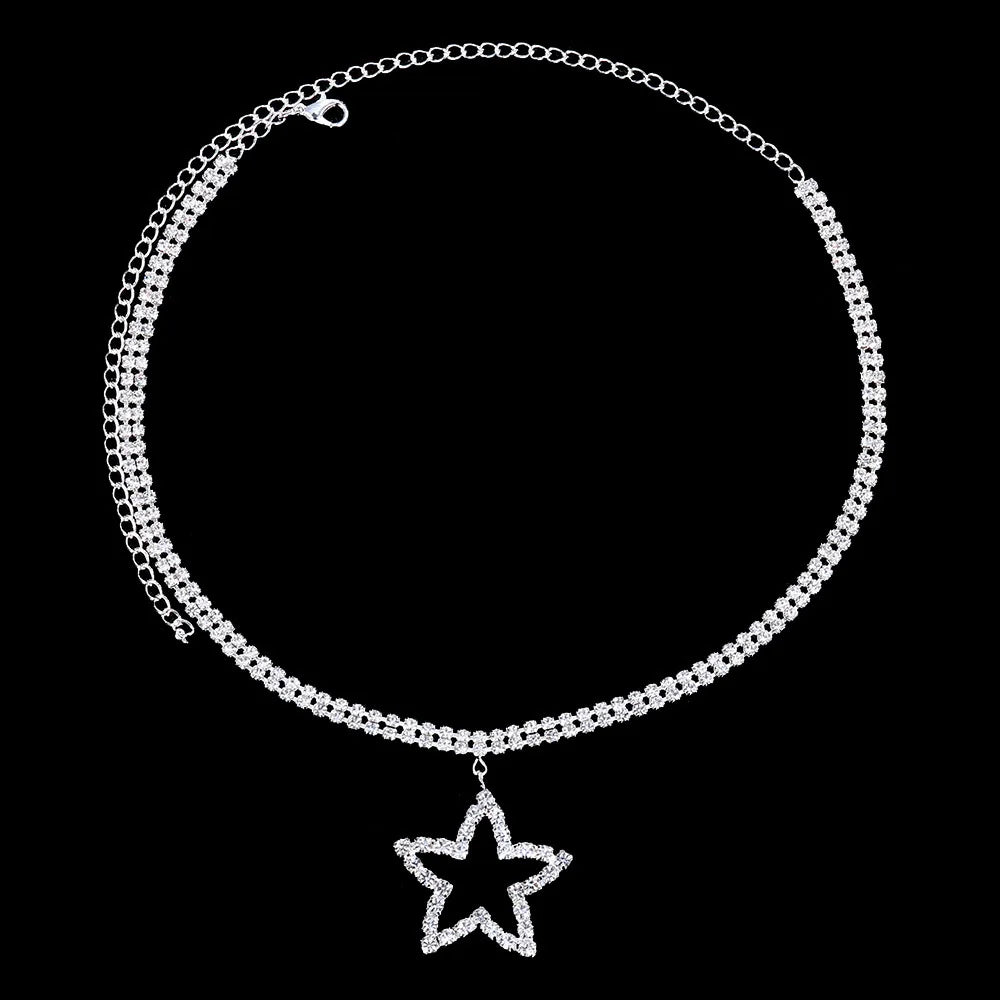 Sparkly Double Layer Crystal Rhinestone Star Pendant Choker Necklace Stage Jewelry