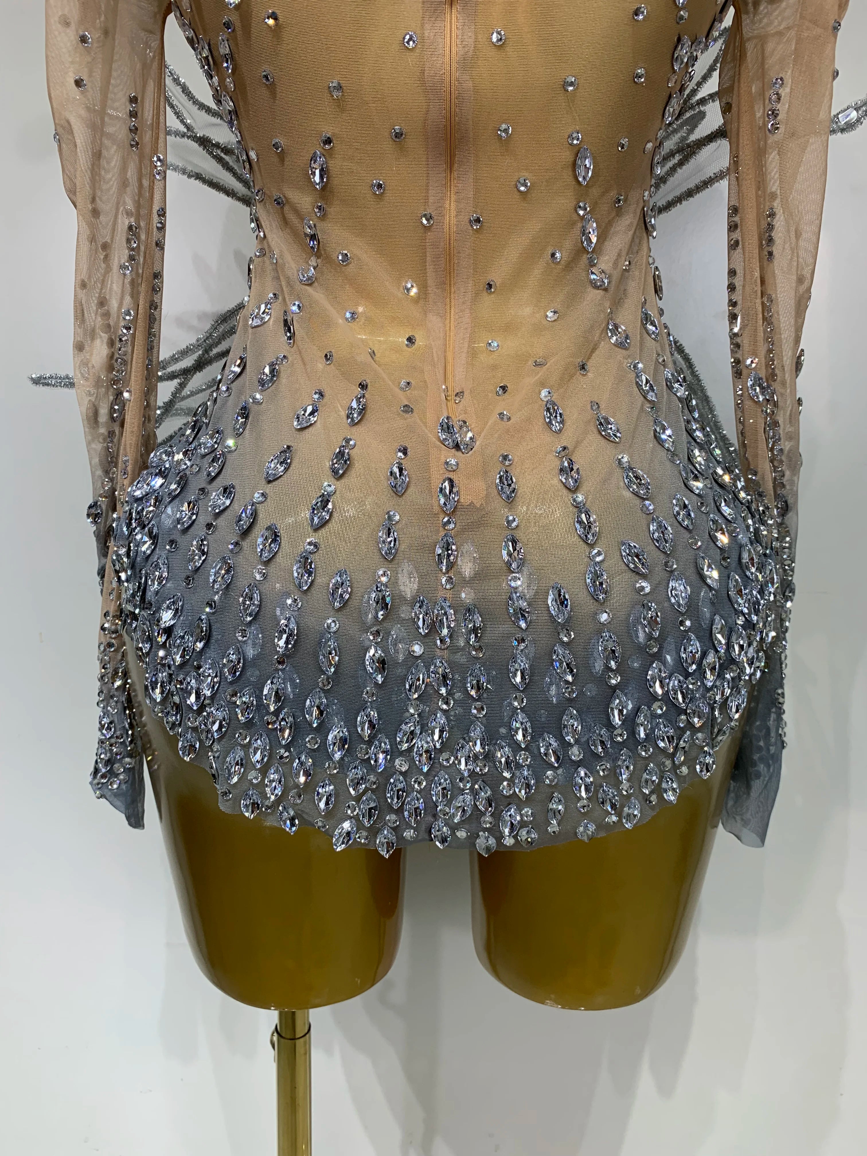 Luxury Shining Diamond See-Through Mesh Bodysuit Stage Performance Jumpsuit