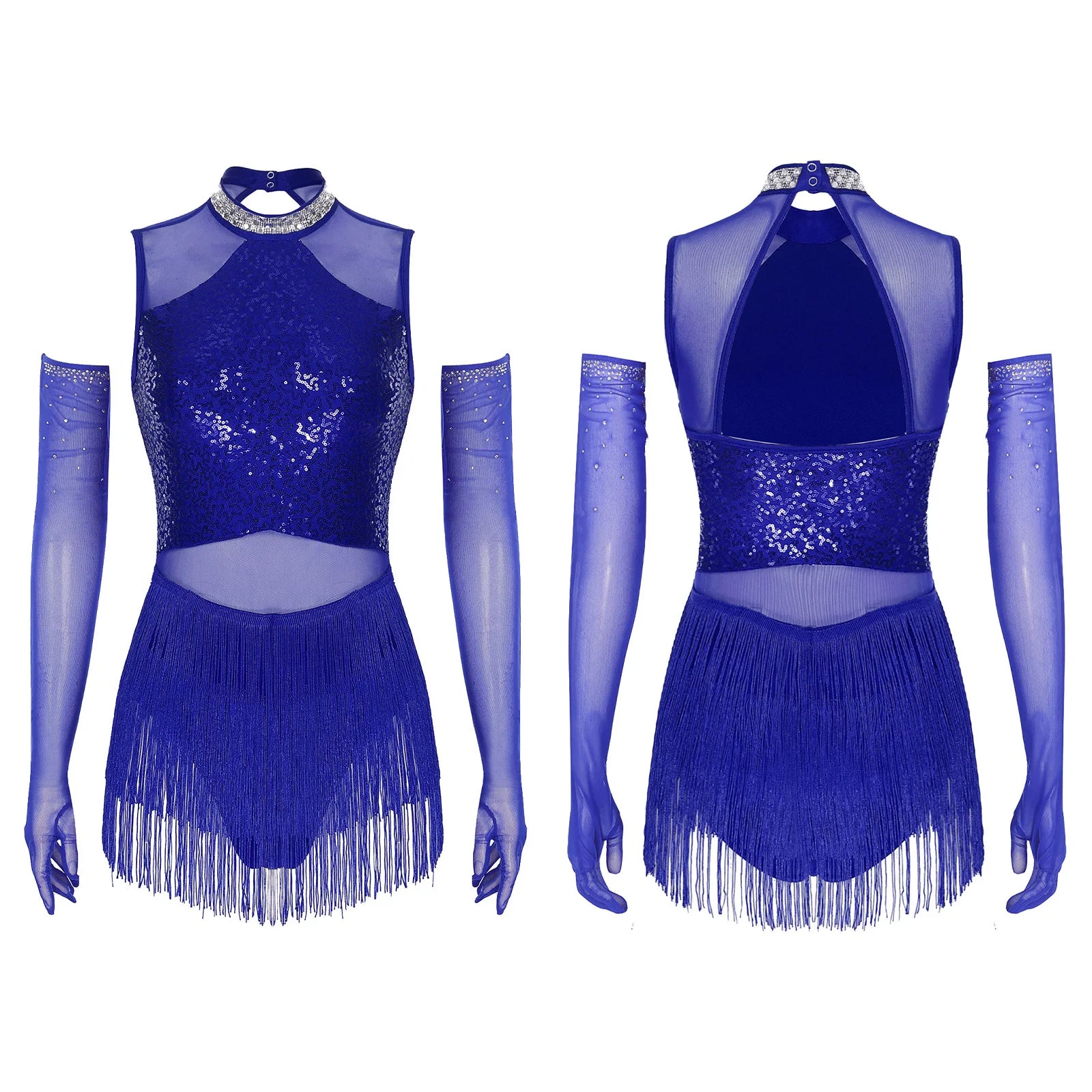 Sparkly Sequin & Fringe Dance Dress with Gloves Latin Stage Performance Costume