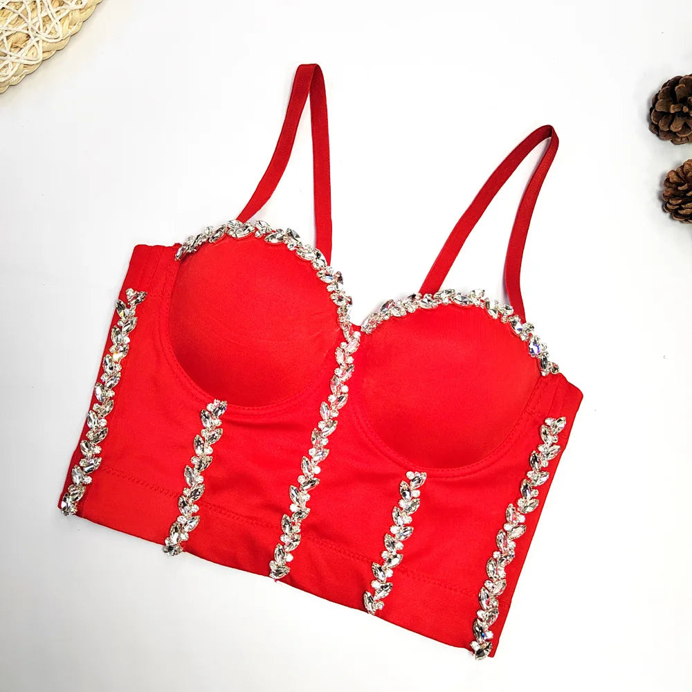 Crystal Chain Strap Bustier Corset Crop Top Hook-and-Eye Stage Bralette