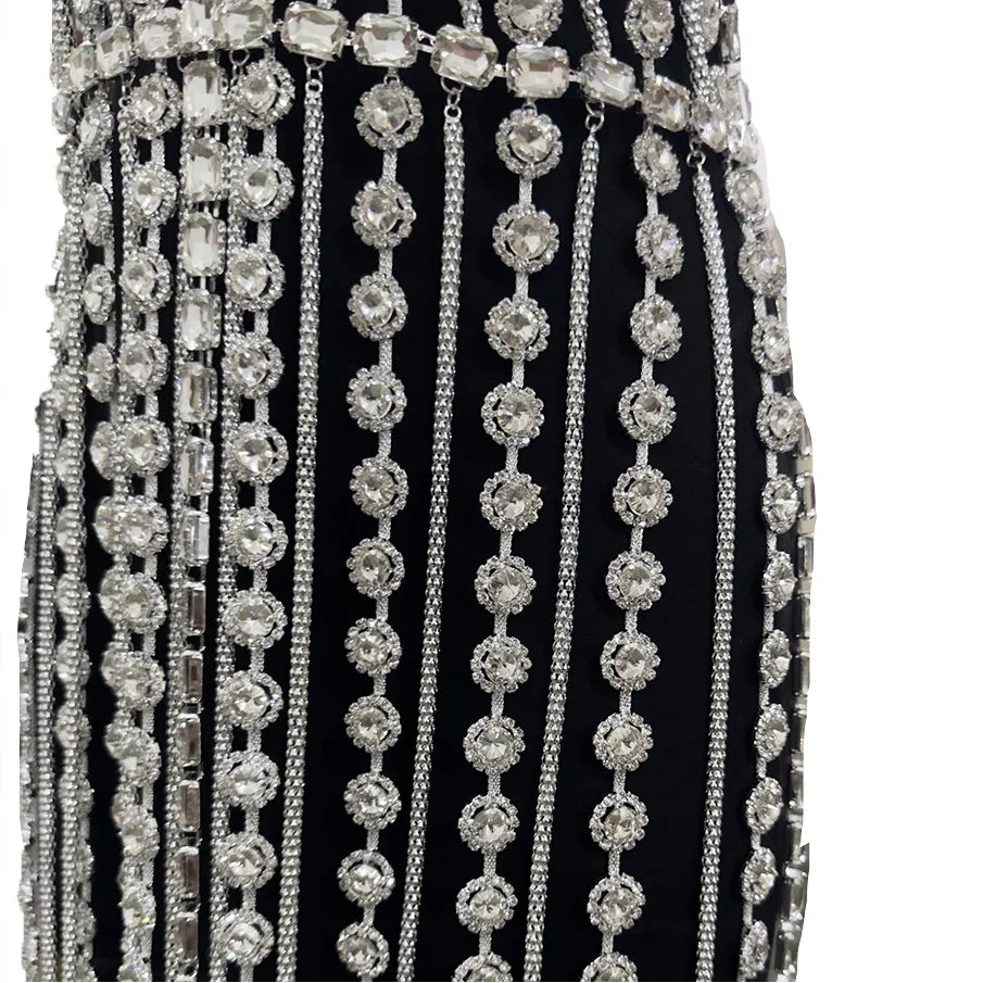 Sparkly Glass Crystal Tassel Body Chain Dress Drag Queen Stage Backless Mini Skirt