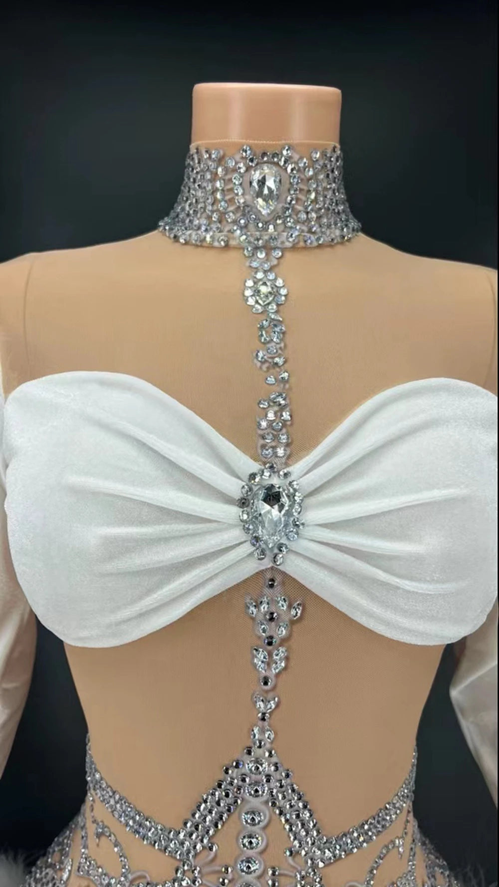 Sparkly Rhinestone & White Feather Long-Sleeve Bodysuit Stage Costume