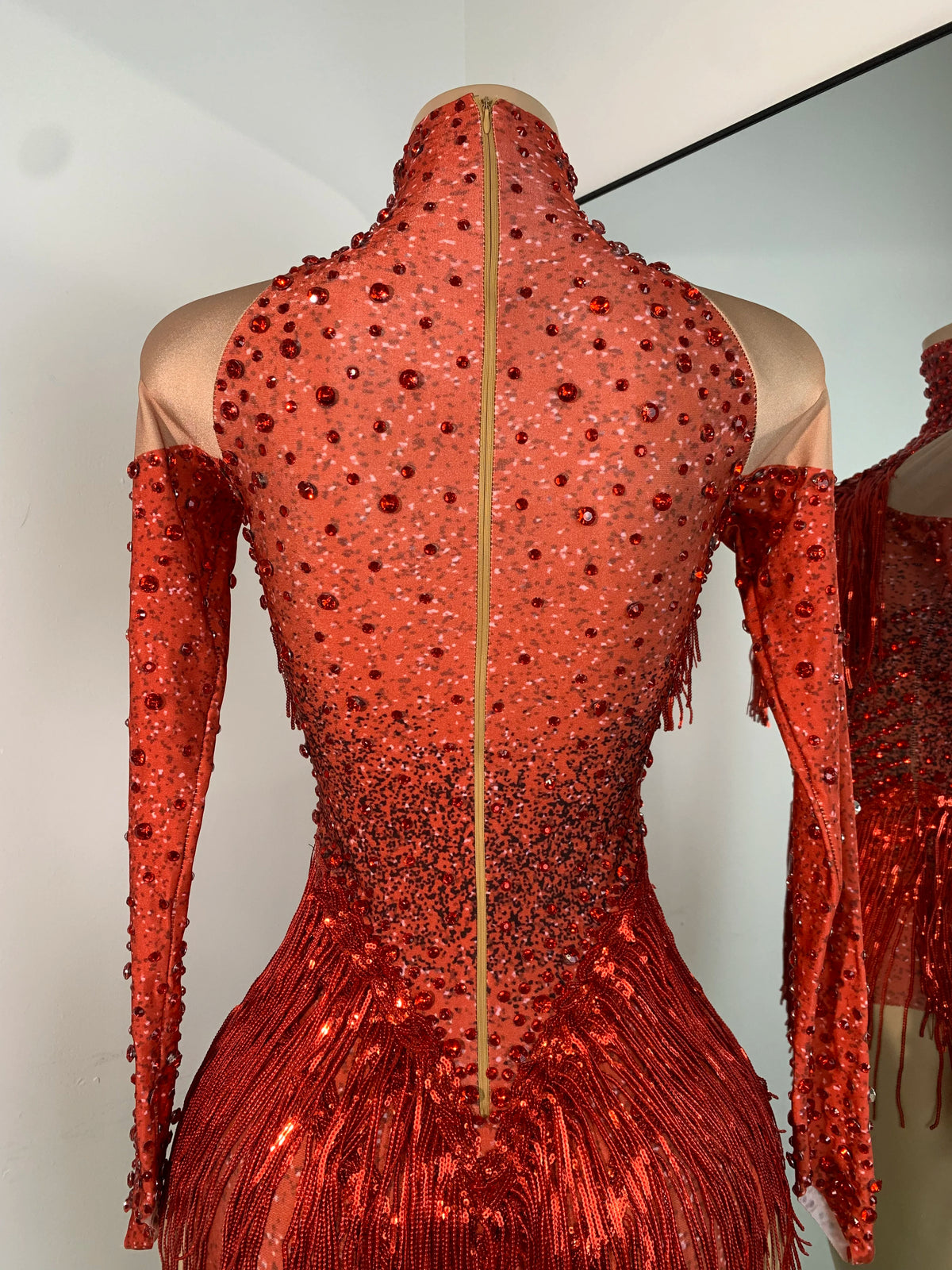 Red Rhinestones Skinny Bodysuit Women Sexy Long Sleeve Tassel Performance Singer Dance Costume Nightclub Celebrate Stage Wear