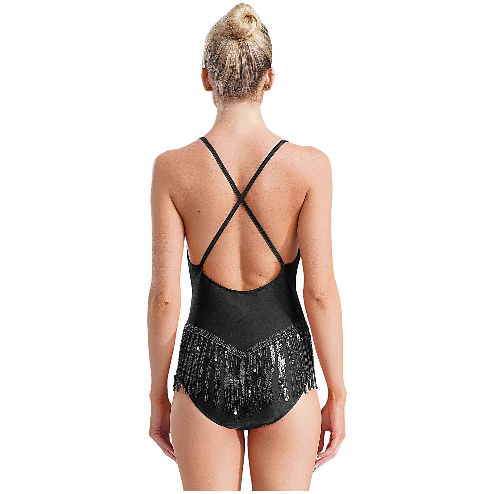Sequins Fringed Cross Back Latin Dance Leotard Sleeveless V-Neck Bodysuit