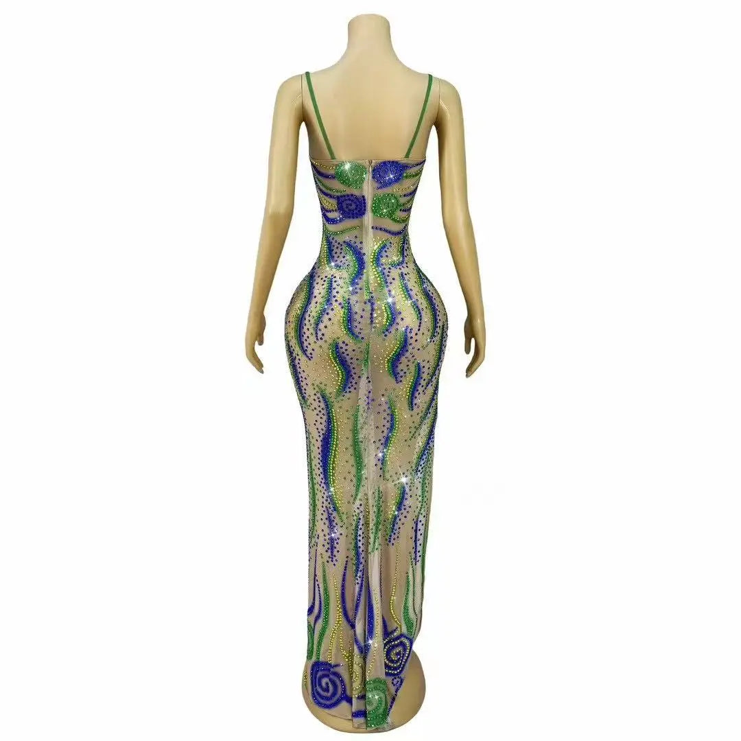 Sparkly Green Rhinestone Strip Split Maxi Dress Sheer Mesh Stage Performance Costume