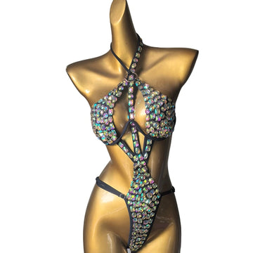 Cut-Out Rhinestone Bandage Performance Set – Shimmering Crystal Push-Up Costume & Open-Front Leotard Accent for Raves & GoGo Dancers